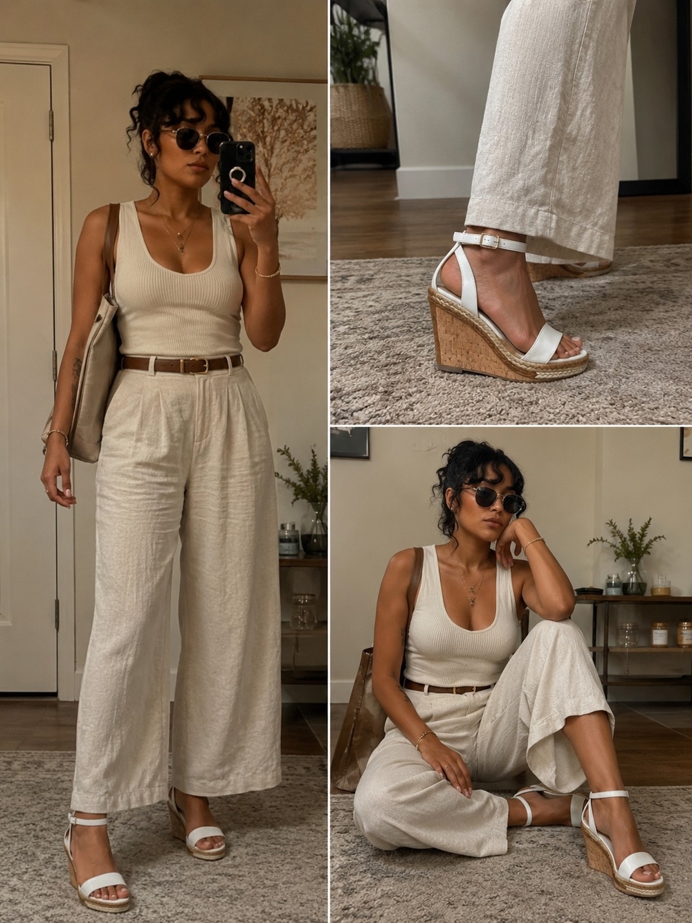 Bella Vita White Wedge Sandals with Cream Wide‑Leg Pants